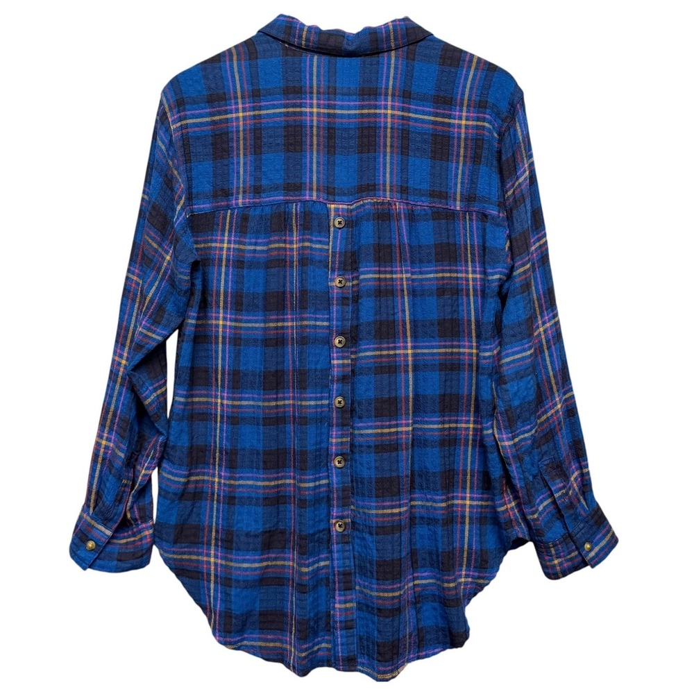 Anthropologie Plaid Tunic Women Medium Blue Henley Button Back Long Sleeve Shirt